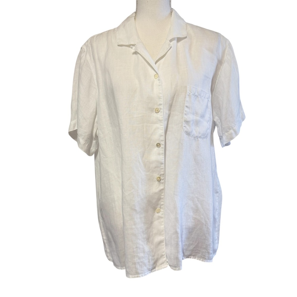 LL Bean Womens XL White 100%‎ Linen Short Sleeve Button Down Camp Shirt 0VQ64
